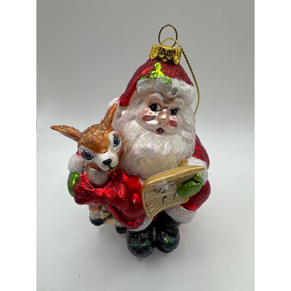 Kurt Adler Glass Santa Reindeer Singing Christmas Ornament Red Glitter Metallic